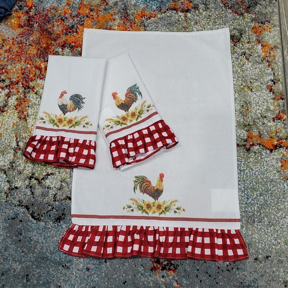 Lot/3 Rooster Red Cafe Ruffle Print Kitchen Dish Towels 225